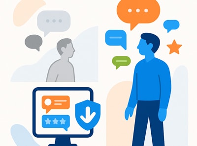 Két férfi áll egymás mellett: a színes alak körül sok beszédbuborék és csillag lebeg, míg a szürke alak csendes háttérben marad.