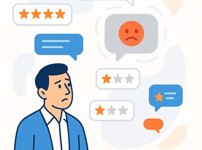 Egy férfi aggodalmasan néz egy szürke, szomorú arcot mutató értékelésbuborékra a sok ötcsillagos visszajelzés között.