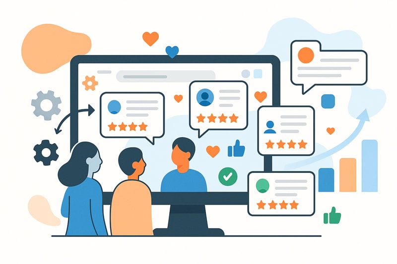 Három ember figyel egy monitort, amely automatikusan generált posztokat, értékeléseket és reakcióikonokat jelenít meg.