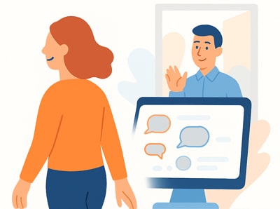 Egy nő háttal elsétál, miközben a szolgáltató integet utána, üres beszédbuborékok lebegnek közöttük.