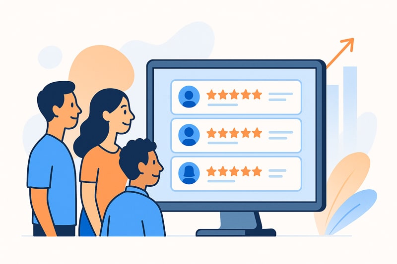 Három ember elégedetten néz egy monitort, amelyen ügyfélértékelések és csillagok láthatók.