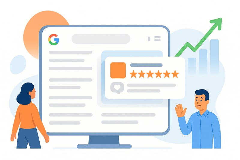 Egy férfi és egy nő elégedetten néznek egy monitort, amelyen ötcsillagos Google-értékelés és növekedési grafikon látható.