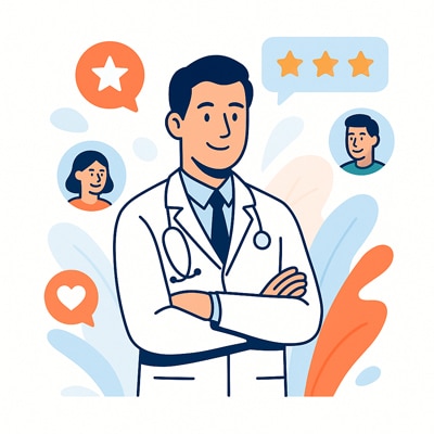 Mosolygó orvos fehér köpenyben, körülötte elégedett páciensek ikonokkal és csillagos értékelésekkel.