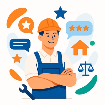 Mosolygó kivitelező munkaruhában, körülötte csillagok, ház és beszédbuborék ikonok lebegnek.