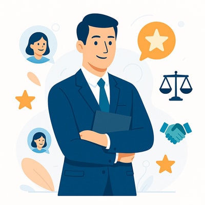 Elegáns öltönyös férfi mosolyog, körülötte csillagok, mérleg és kézfogás ikonok jelzik az ügyfelek bizalmát.