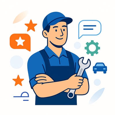 Mosolygó autószerelő munkaruhában, kezében villáskulccsal, körülötte csillag, autó és fogaskerék ikonok.