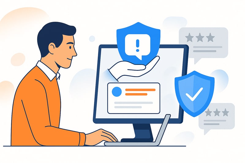 Egy férfi nyugodtan nézi a monitort, amelyen pajzsikon védi a beérkező értesítéseket és alacsony értékeléseket, hogy kezelni tudja ezeket